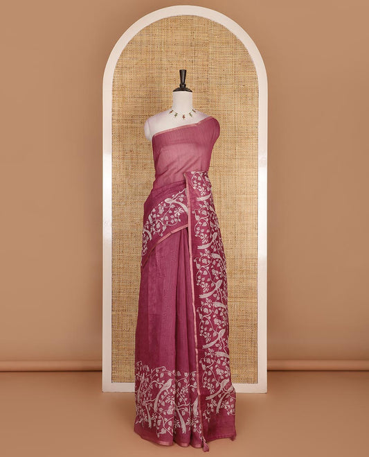 Onion pink plain Chanderi silk saree, floral vine, and bird motifs printed skirt border, and pallu, unique motifs printed blouse