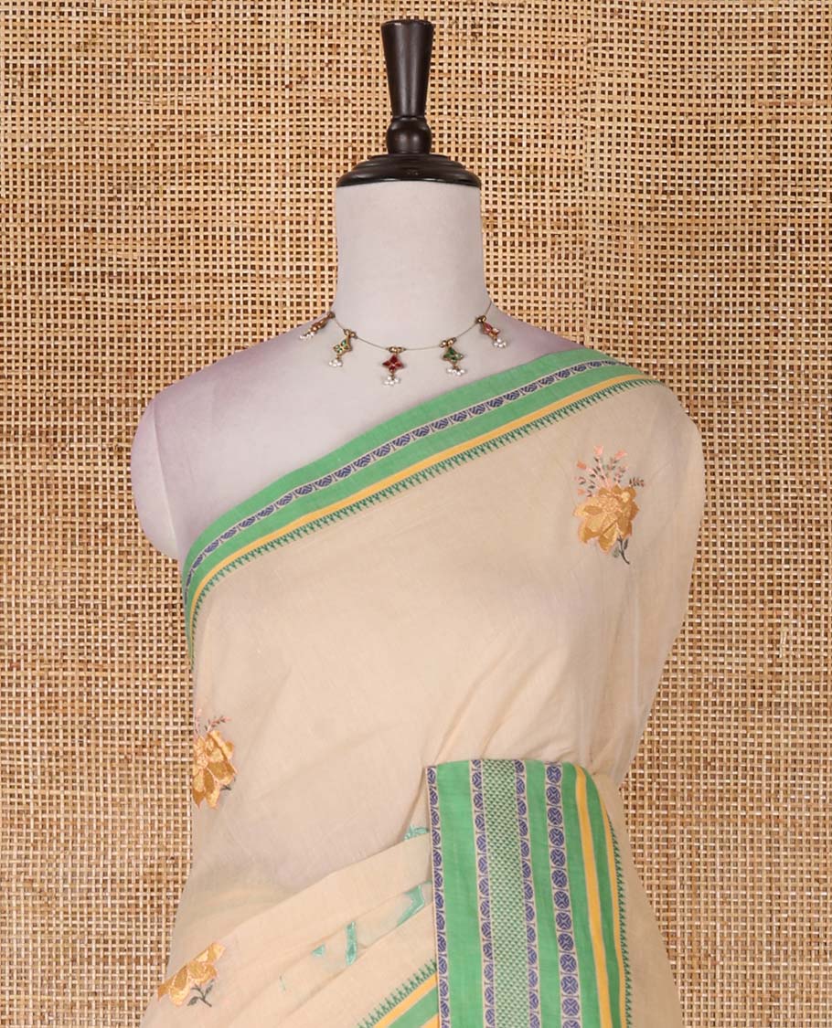 Chikku and green flora-fauna motifs thread embroidered Mangalagiri cotton saree, contrast traditional thread border, striped pallu, and contrast traditional border blouse
