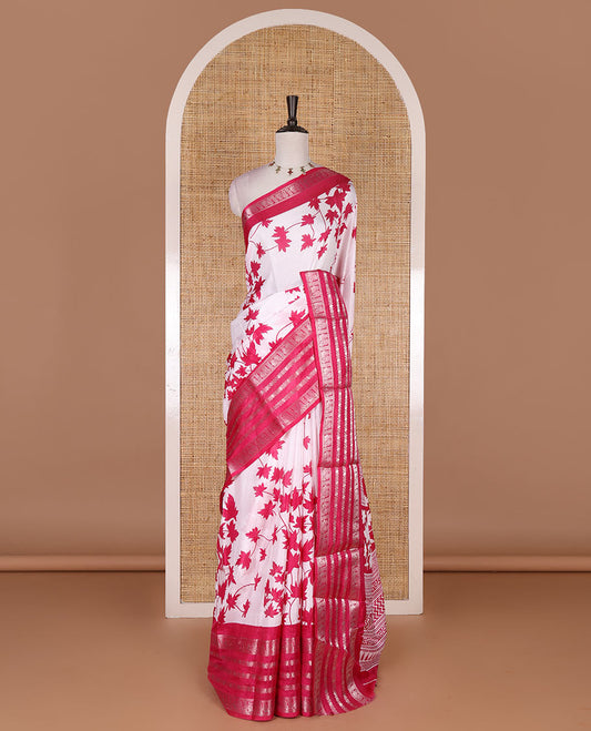 Pink leaf motifs printed dola silk saree, contrast traditional zari border of Rudraksham and peacock motifs, geometric printed pallu and contrast printed blouse