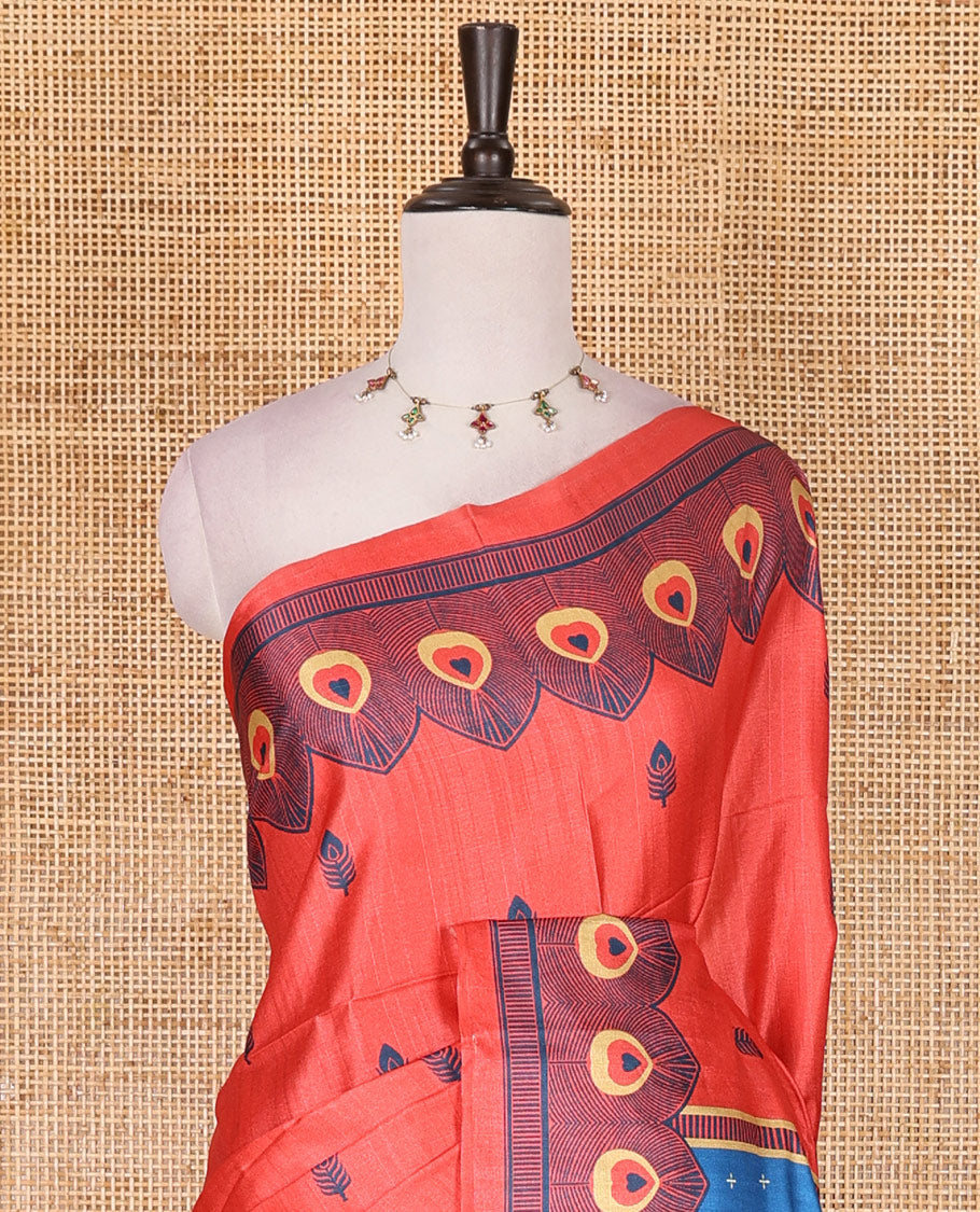 Tomato pink peacock feathers motifs printed katan silk saree, peacock feathers printed border, contrast Radha Krishna stories printed pallu, and contrast printed blouse