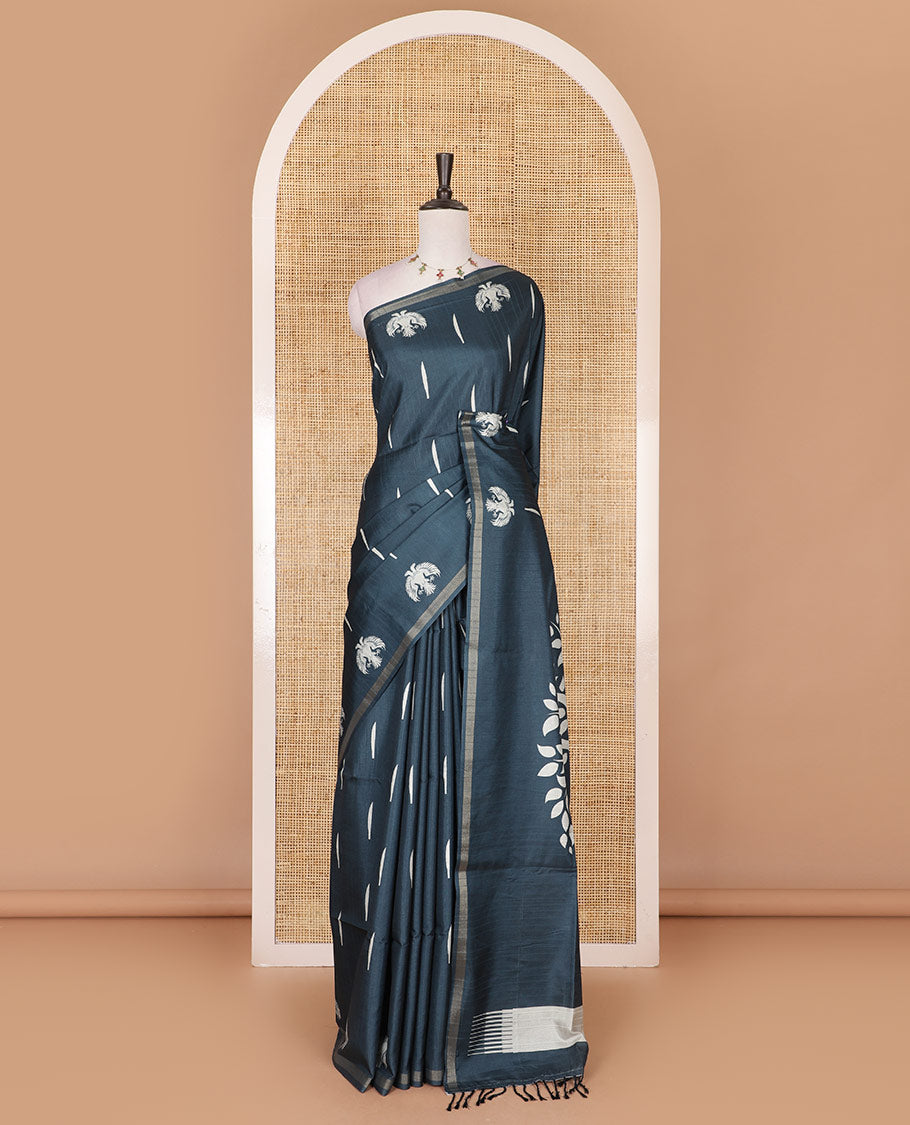 Green jasmine bud motifs printed kathan silk saree, double-headed eagle motif zari piping border, pichwai cow printed pallu, and floral printed blouse