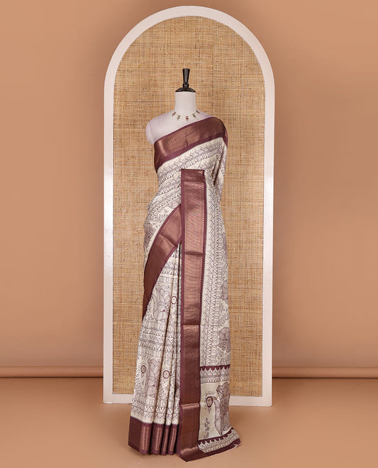 Cream-maroon flora, fauna, and geometric madhubani printed soft tussar saree, contrast zari border, peacock print pallu, and printed blouse