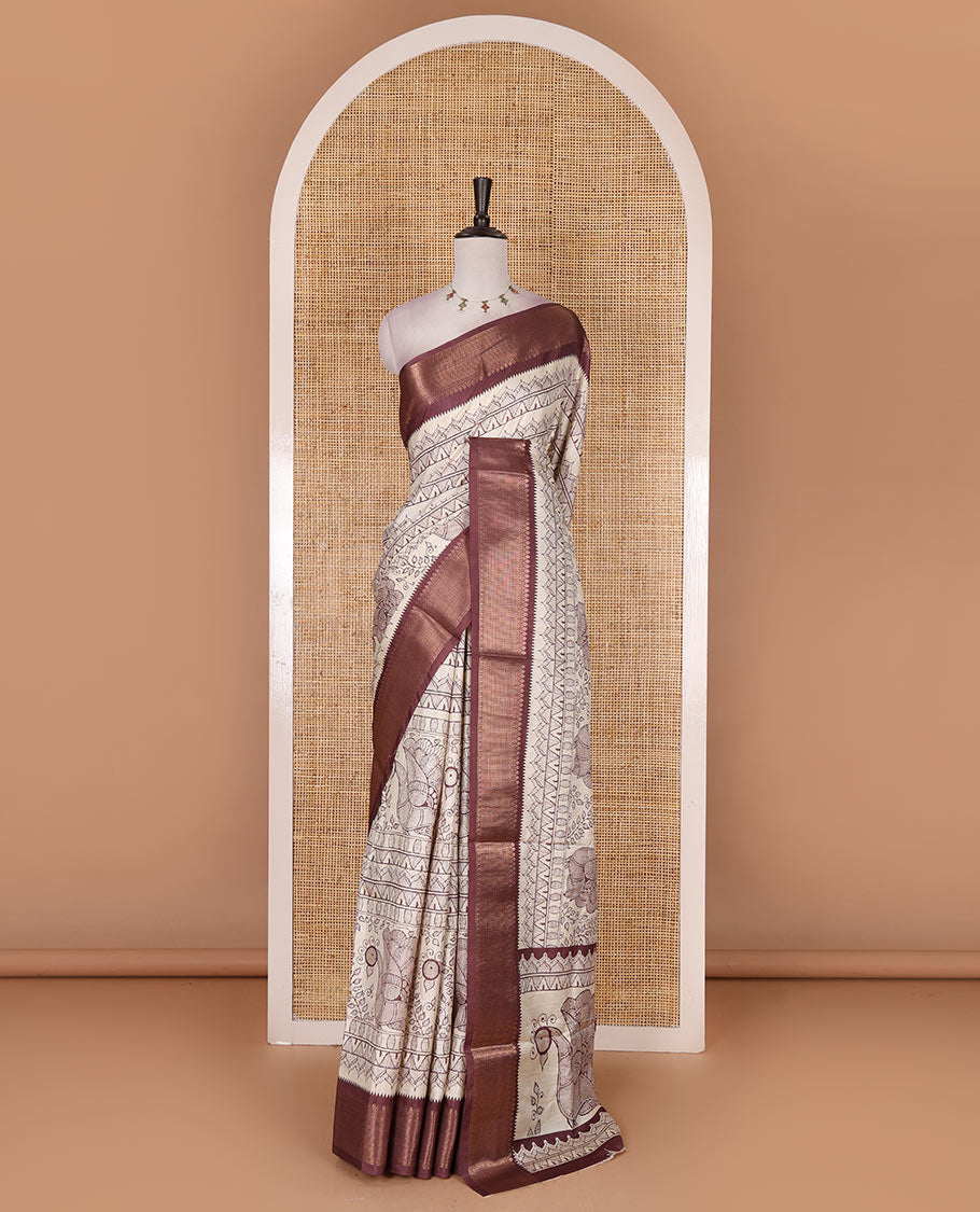 Cream-maroon flora, fauna, and geometric madhubani printed soft tussar saree, contrast zari border, peacock print pallu, and printed blouse
