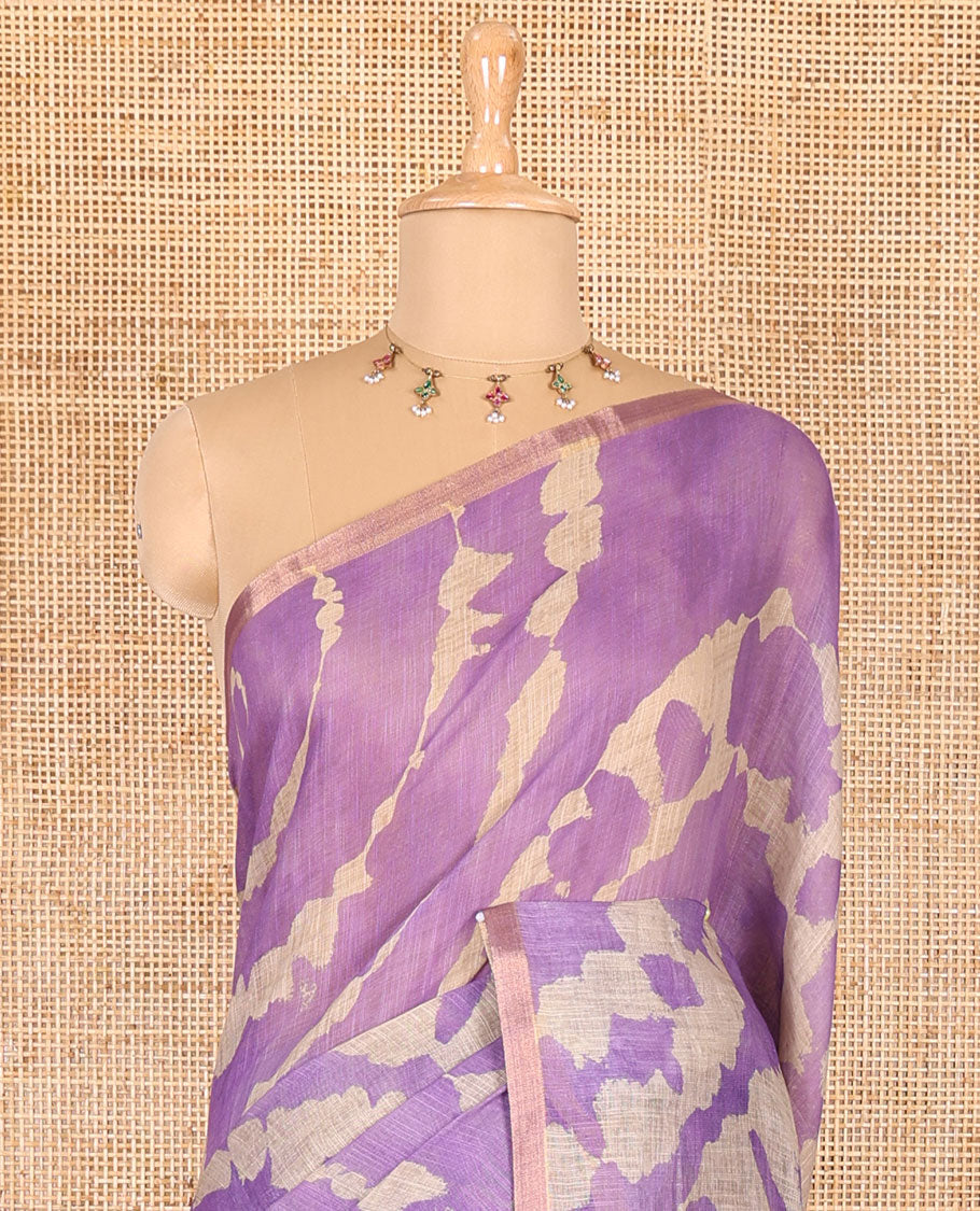 Borderless lavender printed linen cotton saree, hand brush painting style floral vine printed pallu, and contrast floral printed blouse