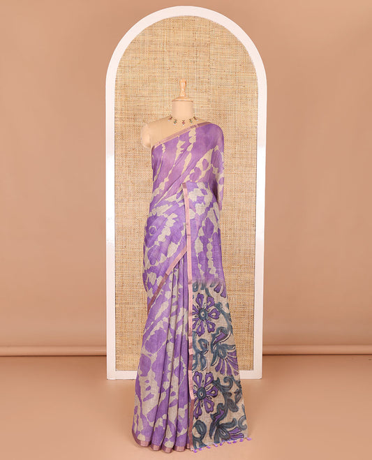 Borderless lavender printed linen cotton saree, hand brush painting style floral vine printed pallu, and contrast floral printed blouse