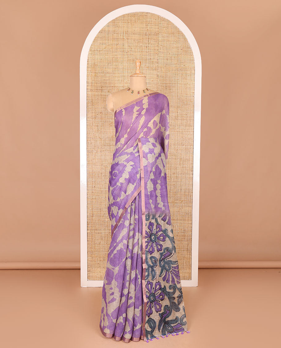 Borderless lavender printed linen cotton saree, hand brush painting style floral vine printed pallu, and contrast floral printed blouse