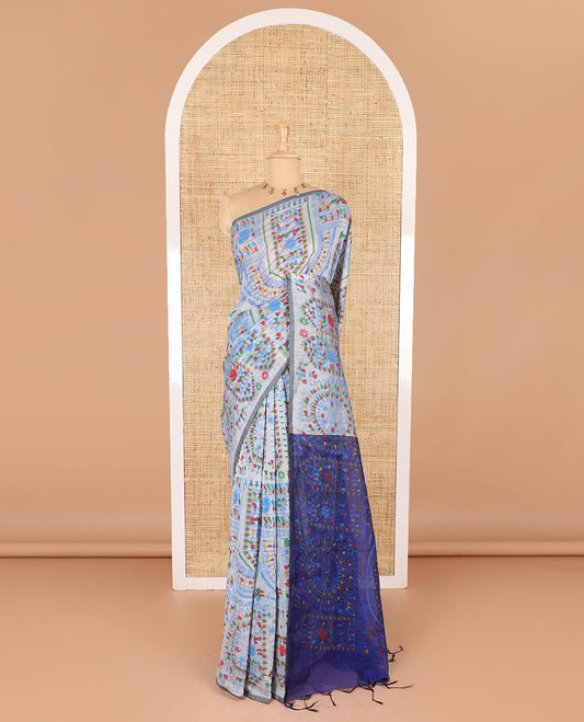 Borderless blue and silver grey Warli village printed khadi mul cotton saree, contrast Warli motifs printed pallu, and a plain blouse