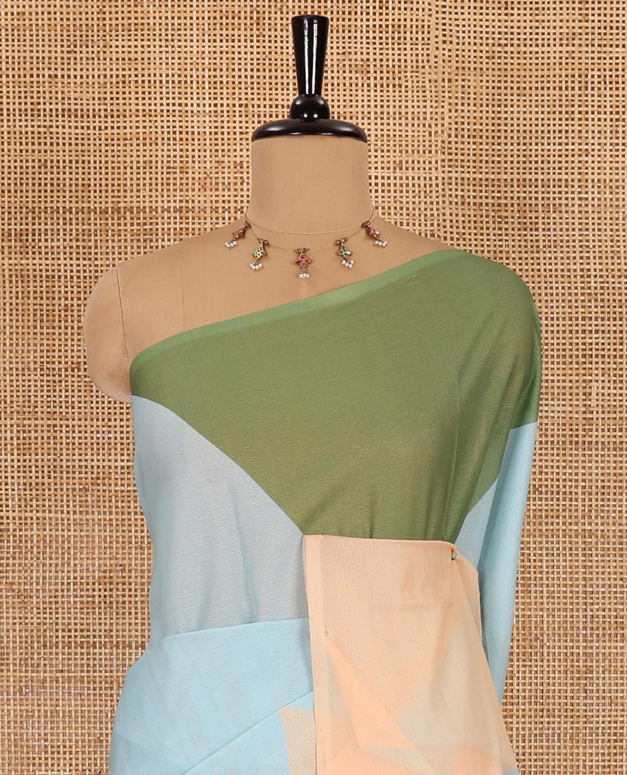 Borderless sea green plain moss chiffon saree, contrast double-sided temple border, self-pallu, and diamond-patterned printed blouse