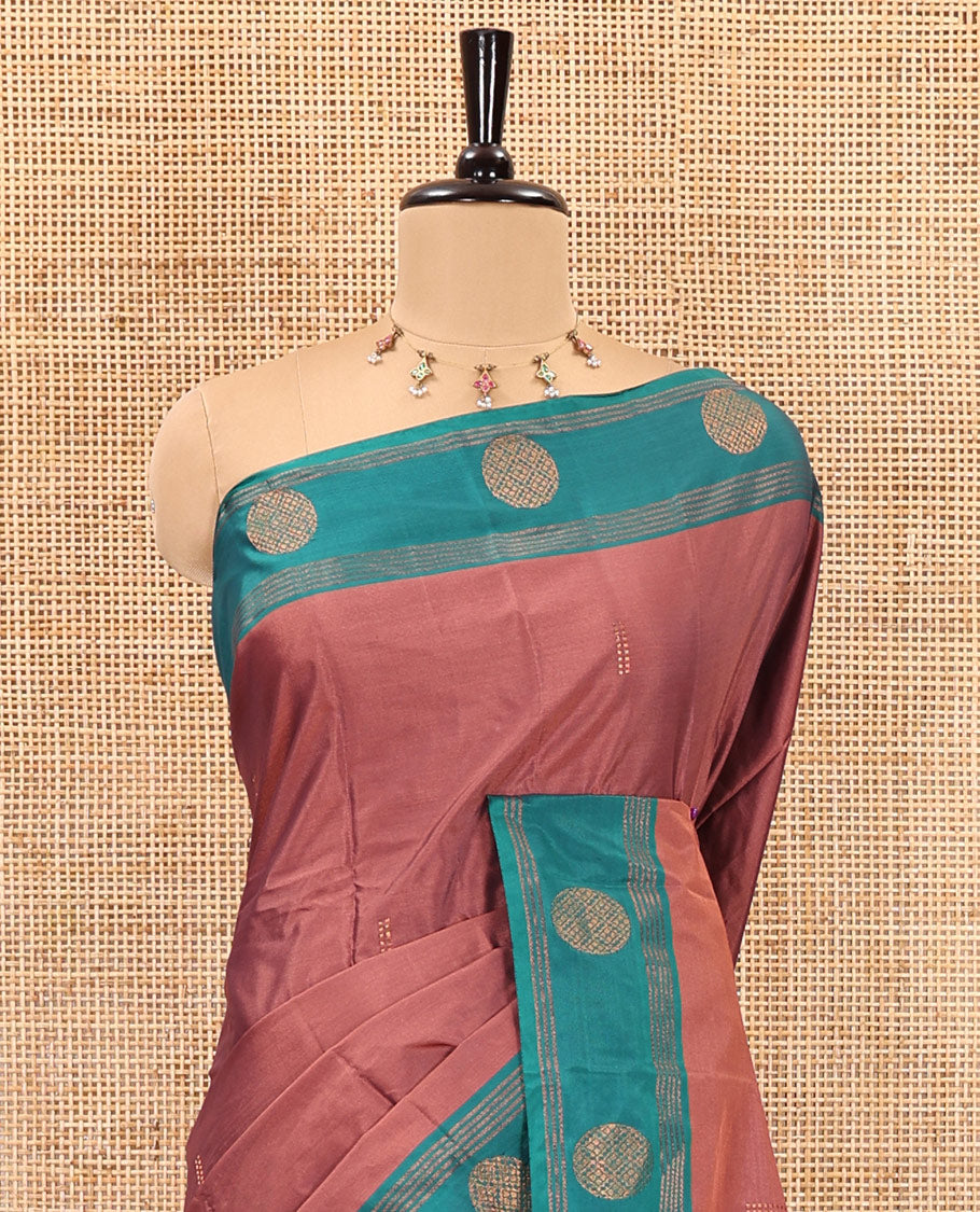 Peach zari buttas semi-soft silk saree, contrast zari buttas and striped border, striped pallu, and a plain blouse