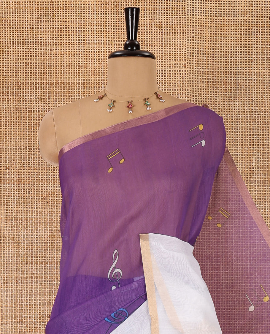 Violet musical-note-motif-printed chanderi cotton saree with contrast musical-note-motif-printed piping border, and a matching blouse