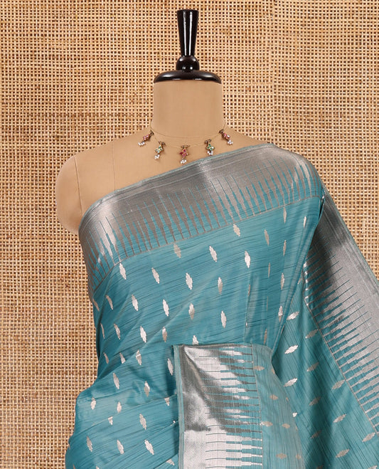 Rama zari buttas woven Luxury soft silk saree, temple zari border, contrast pallu of intricate zari designs, and zari design blouse