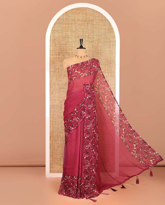 Pink plain fendy chiffon saree, double-side floral motifs printed border, self-pallu, and no blouse