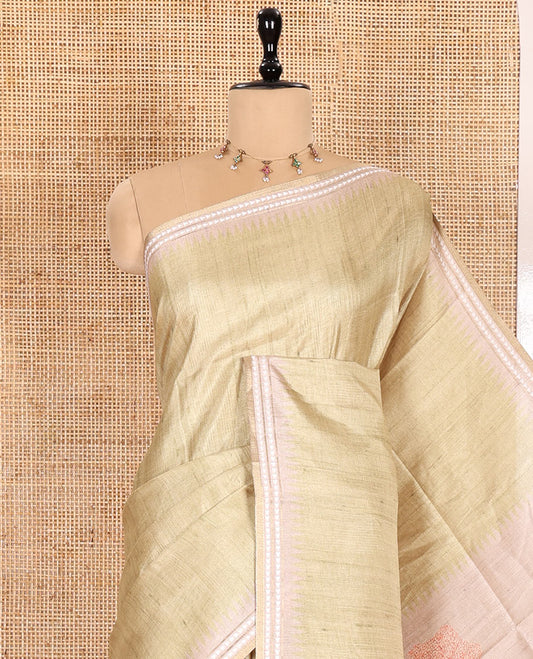 Chikku and Green Plain Semi-Tussar Saree, Complemented by a Contrast Resham Thread Border, Fauna Printed Pallu, and Paired with a Contrast Bird Motifs Printed Blouse