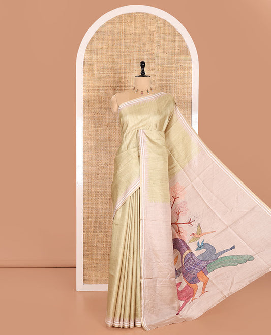 Chikku and Green Plain Semi-Tussar Saree, Complemented by a Contrast Resham Thread Border, Fauna Printed Pallu, and Paired with a Contrast Bird Motifs Printed Blouse