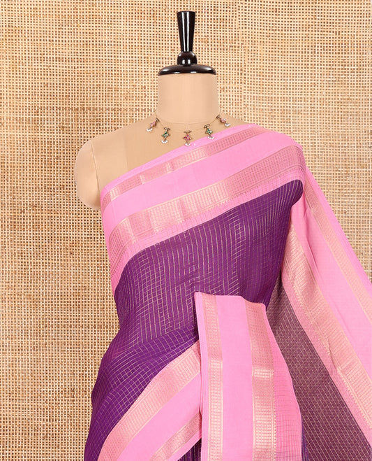 Violet and Pink Moss Chiffon Saree Subtly Sparkled with Zari Checks All Over Its Body, Complemented by a Contrast Traditional Zari Design Border, Striped Pallu, and Paired with a Contrast Blouse