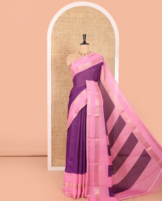 Violet and Pink Moss Chiffon Saree Subtly Sparkled with Zari Checks All Over Its Body, Complemented by a Contrast Traditional Zari Design Border, Striped Pallu, and Paired with a Contrast Blouse