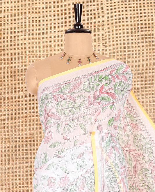 White Khadi Cotton Saree Finely Printed with Kalamkari-Style Paisley-Floral Designs, Subtly Sparkled with Self-Border of Floral Creeper Designs, Complemented by Contrast Paisley-Floral Vine Pallu, and Paired with a Contrast Printed Blouse