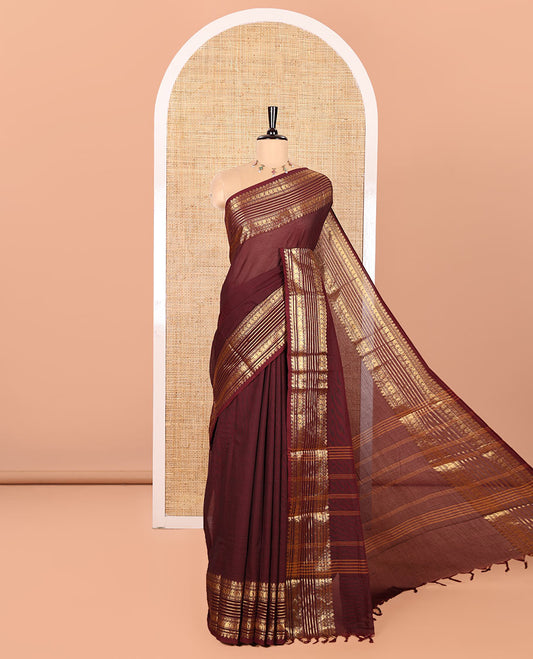Coffee Brown Plain Chettinad Cotton Saree, Highlighted by Traditional Zari Border of Paisley Designs, Subtly Striped Pallu, and Paired with a Matching Blouse