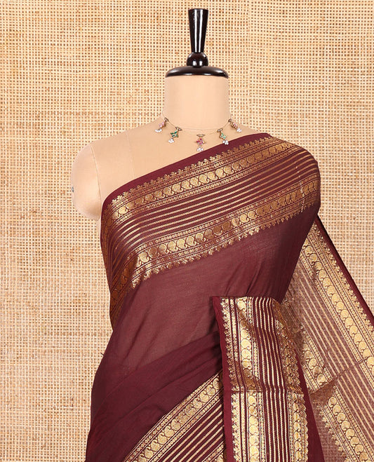 Coffee Brown Plain Chettinad Cotton Saree, Highlighted by Traditional Zari Border of Paisley Designs, Subtly Striped Pallu, and Paired with a Matching Blouse