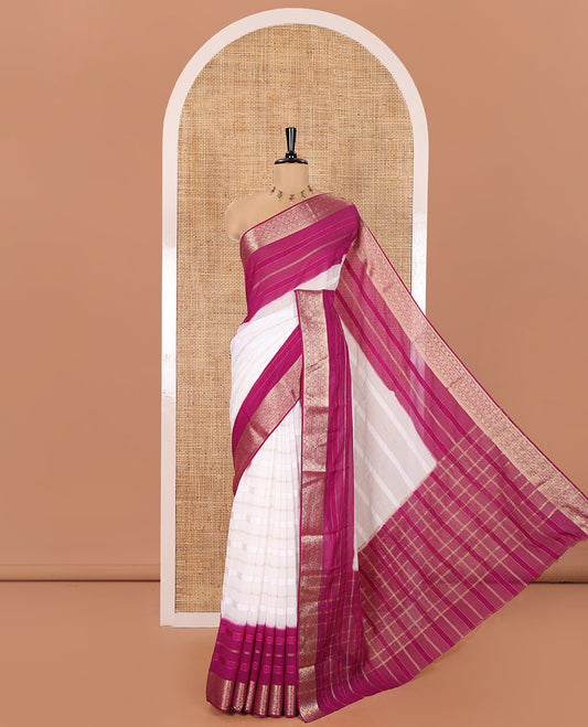 White and Purple Georgette Saree, Subtly Sparkled with Horizontal Zari Stripes All Over Its Body, Complemented by a Contrast Traditional Zari Design Border, Gleaming Zari Striped Pallu, and Paired with a Contrast Blouse
