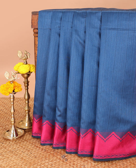 Peacock blue banarasi jute silk saree with contrast temple border & striped pallu along with contrast blouse