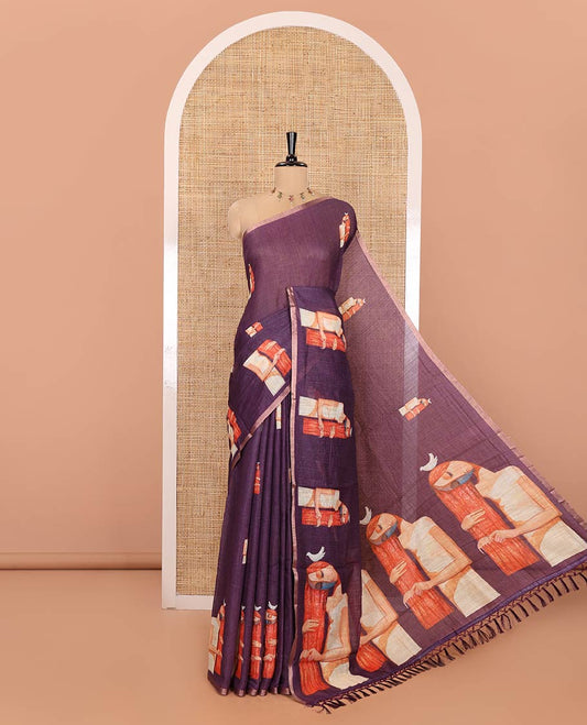 Wine Linen Saree, Adorned with Woman Braiding Her Hair Motifs Printed on Its Body, Subtle Zari Piping Border, Pallu Mirrors the Same Print, and Comes with a Matching Printed Blouse