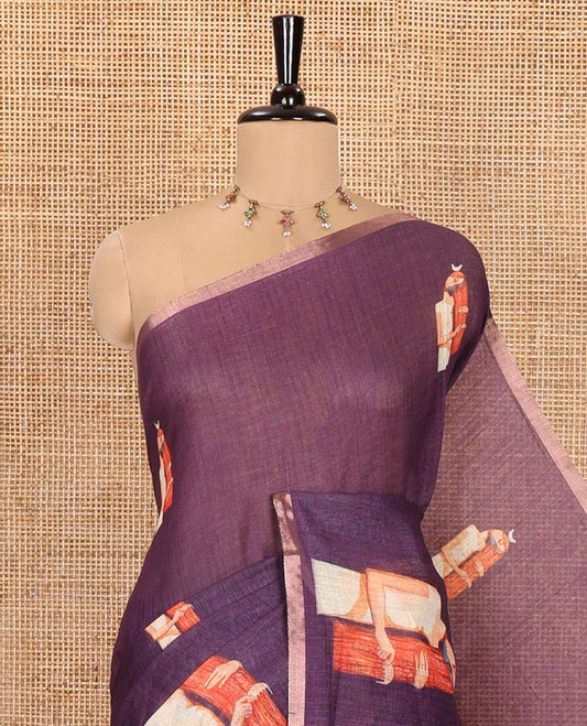 Wine Linen Saree, Adorned with Woman Braiding Her Hair Motifs Printed on Its Body, Subtle Zari Piping Border, Pallu Mirrors the Same Print, and Comes with a Matching Printed Blouse