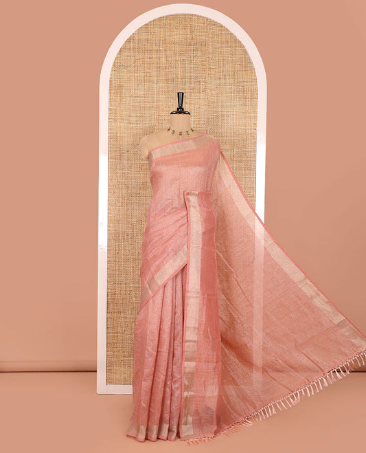 Peach Tissue Saree, Gleamed Up with Zari Striped on Its Body, Highlighted by a Zari Border, Pallu Steeped with Zari Stripes, and Paired with a Matching Blouse