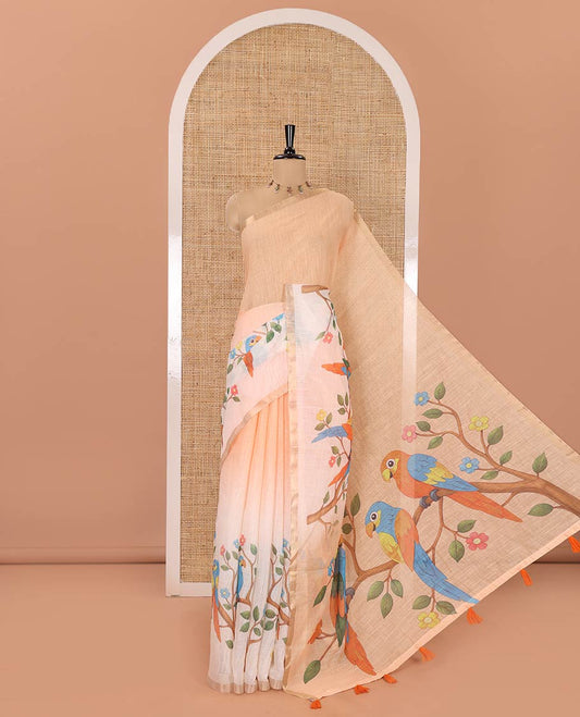 Orange Linen Saree, Artfully Detailed with Colorful Tree and Macaw Parrot Motifs Printed on Its Body, Subtle Zari Border, Pallu of the Same Tree and Macaw Parrot Motifs Printed, and Comes with a Matching Blouse