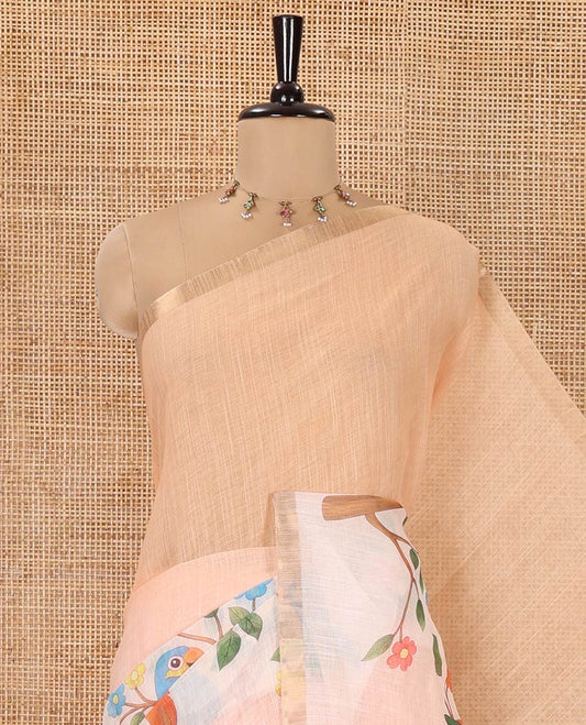 Orange Linen Saree, Artfully Detailed with Colorful Tree and Macaw Parrot Motifs Printed on Its Body, Subtle Zari Border, Pallu of the Same Tree and Macaw Parrot Motifs Printed, and Comes with a Matching Blouse