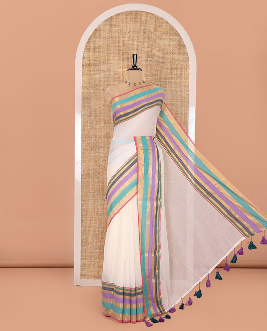White Plain Khadi Mul Cotton Saree, Complemented by a Contrast Multi-Colored Striped Border, Subtle Self-Pallu, and Paired with a Running Blouse