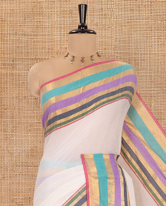 White Plain Khadi Mul Cotton Saree, Complemented by a Contrast Multi-Colored Striped Border, Subtle Self-Pallu, and Paired with a Running Blouse