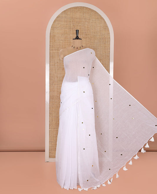 Borderless White Khadi Mul Cotton Saree, Subtly Sparkled with Sequin Work on Its Body and Pallu, and Paired with a Matching Blouse