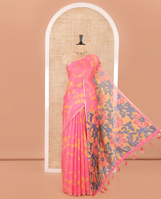 Pink Linen Cotton Saree, Ornamented with Shibori Printed on Its Body, Subtle Piping Border, Pallu Features Floral Print, and Paired with a Contrast Floral Printed Blouse