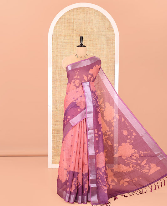 Pale Pink Linen Cotton Saree, Beautified with Silhouette-Style Floral Vine Printed on Its Body, Subtly Zari Bavanji Border, Pallu of Same Floral Print, and Paired with a Matching Blouse