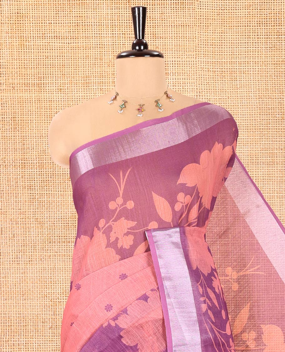 Pale Pink Linen Cotton Saree, Beautified with Silhouette-Style Floral Vine Printed on Its Body, Subtly Zari Bavanji Border, Pallu of Same Floral Print, and Paired with a Matching Blouse