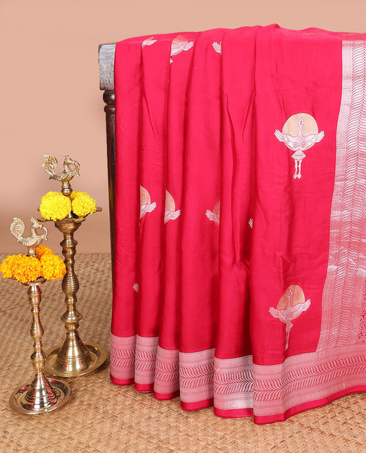 Rani pink polka dot, phenix bird design mushru silk saree with zari border & rich pallu along with plain blouse