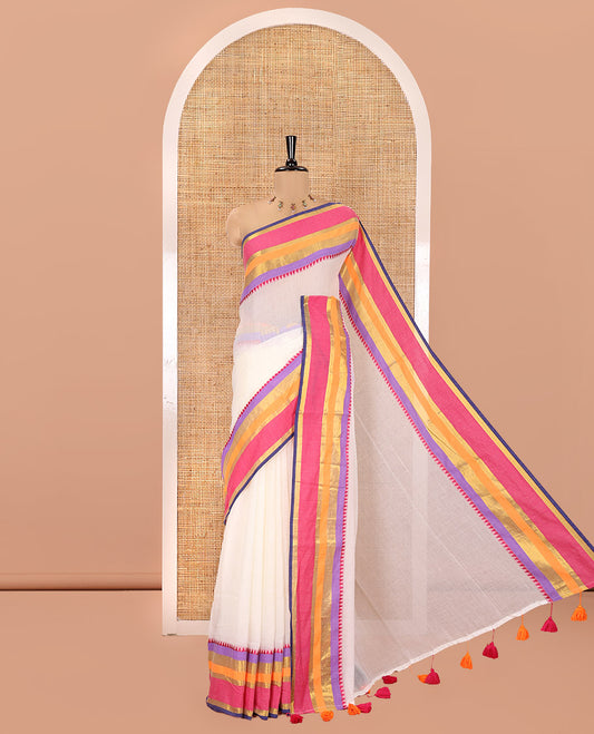 Cream Plain Khadi Mul Cotton Saree, Complemented by a Contrast Multi-Colored Temple Border, a Self-Pallu, and Paired with a Matching Blouse
