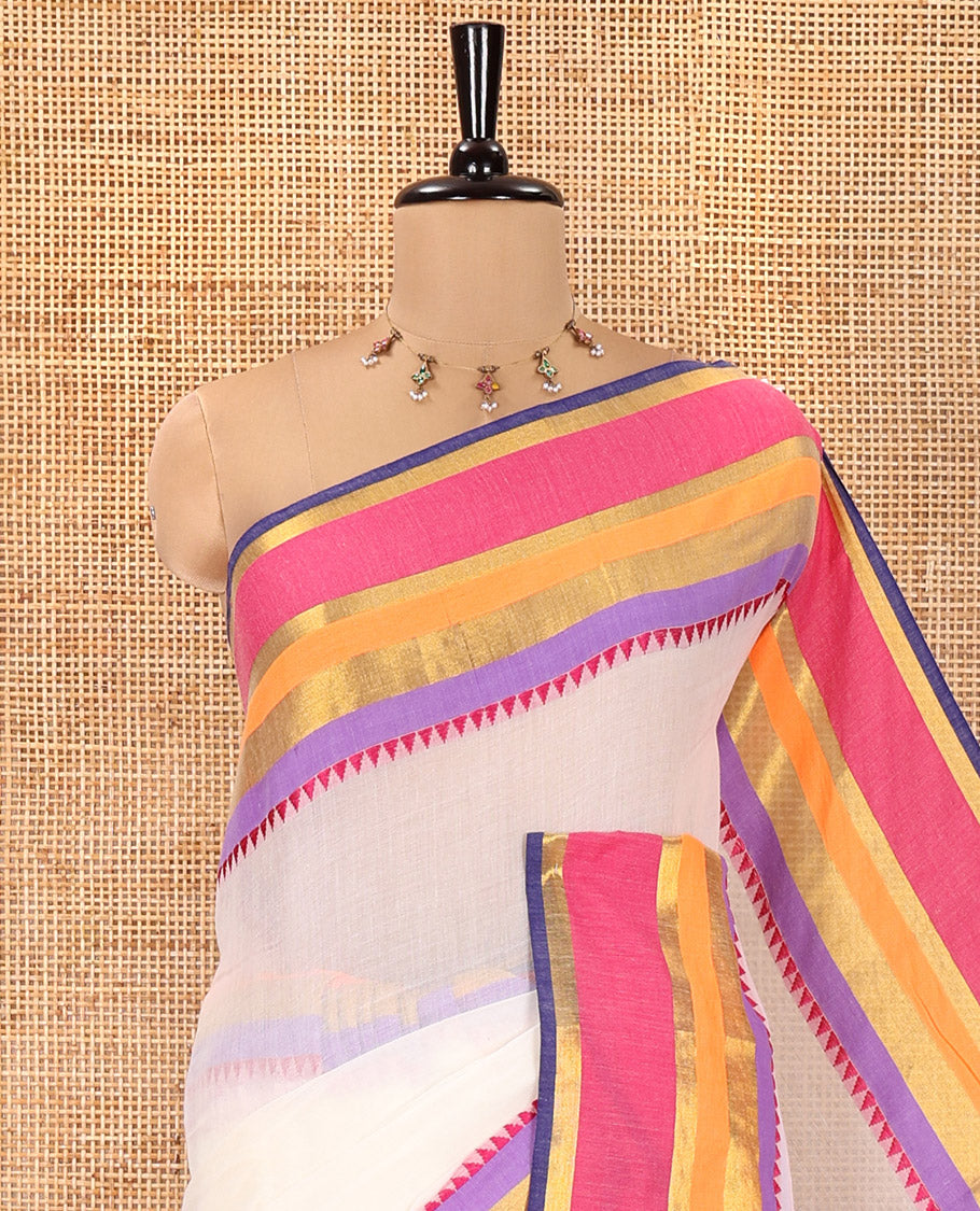 Cream Plain Khadi Mul Cotton Saree, Complemented by a Contrast Multi-Colored Temple Border, a Self-Pallu, and Paired with a Matching Blouse