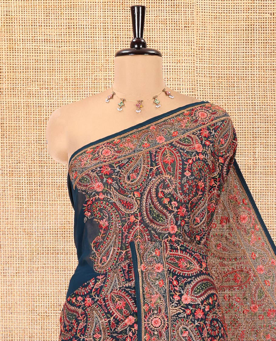Rama Blue Georgette Saree, Accentuated with Intricate Paisleys, Kashmir Embroidered and Stone Work on Its Body, a Self-Embroidered Border, and Paired with an Embroidered Blouse
