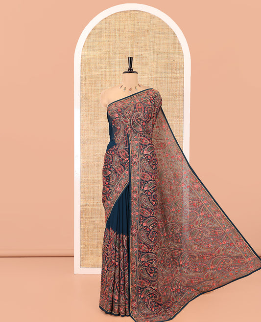 Rama Blue Georgette Saree, Accentuated with Intricate Paisleys, Kashmir Embroidered and Stone Work on Its Body, a Self-Embroidered Border, and Paired with an Embroidered Blouse