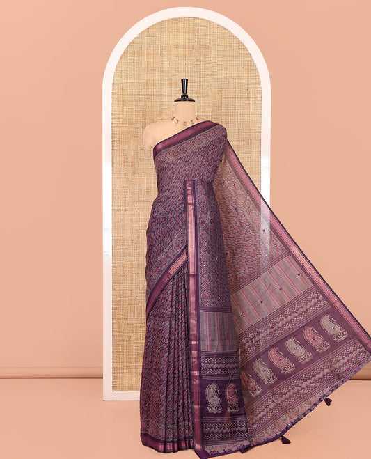 Violet Chanderi Cotton Saree, Elevated with Intricate Bagru Print and Mirror Work on Its Body, a Subtle Printed Border, Pallu of Paisleys Block Print, and Has a Plain Blouse