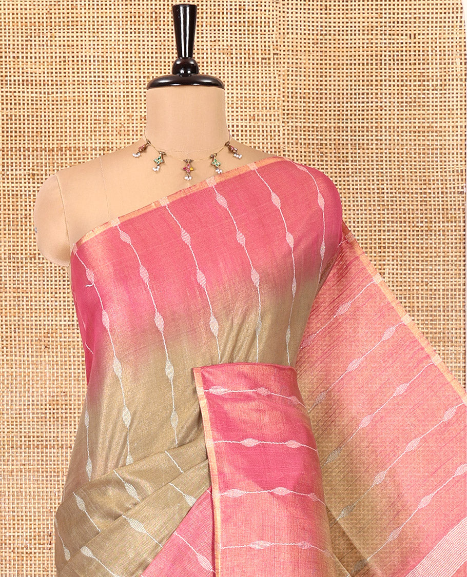 Olive Green Bhagalpur Cotton Saree, Accentuated with Dotted-Thread Stripes, Contrast Thread Striped Border, Pallu of Thread Stripes, and a Contrast Blouse