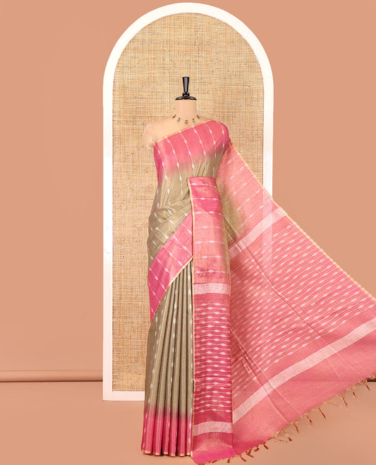 Olive Green Bhagalpur Cotton Saree, Accentuated with Dotted-Thread Stripes, Contrast Thread Striped Border, Pallu of Thread Stripes, and a Contrast Blouse