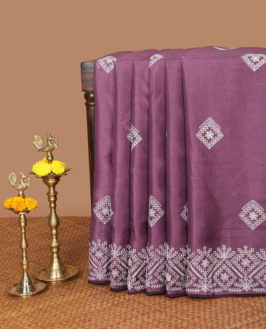 Onion pink thread embroidery kotta cotton saree with thread embroidery border & self pallu along with plain blouse