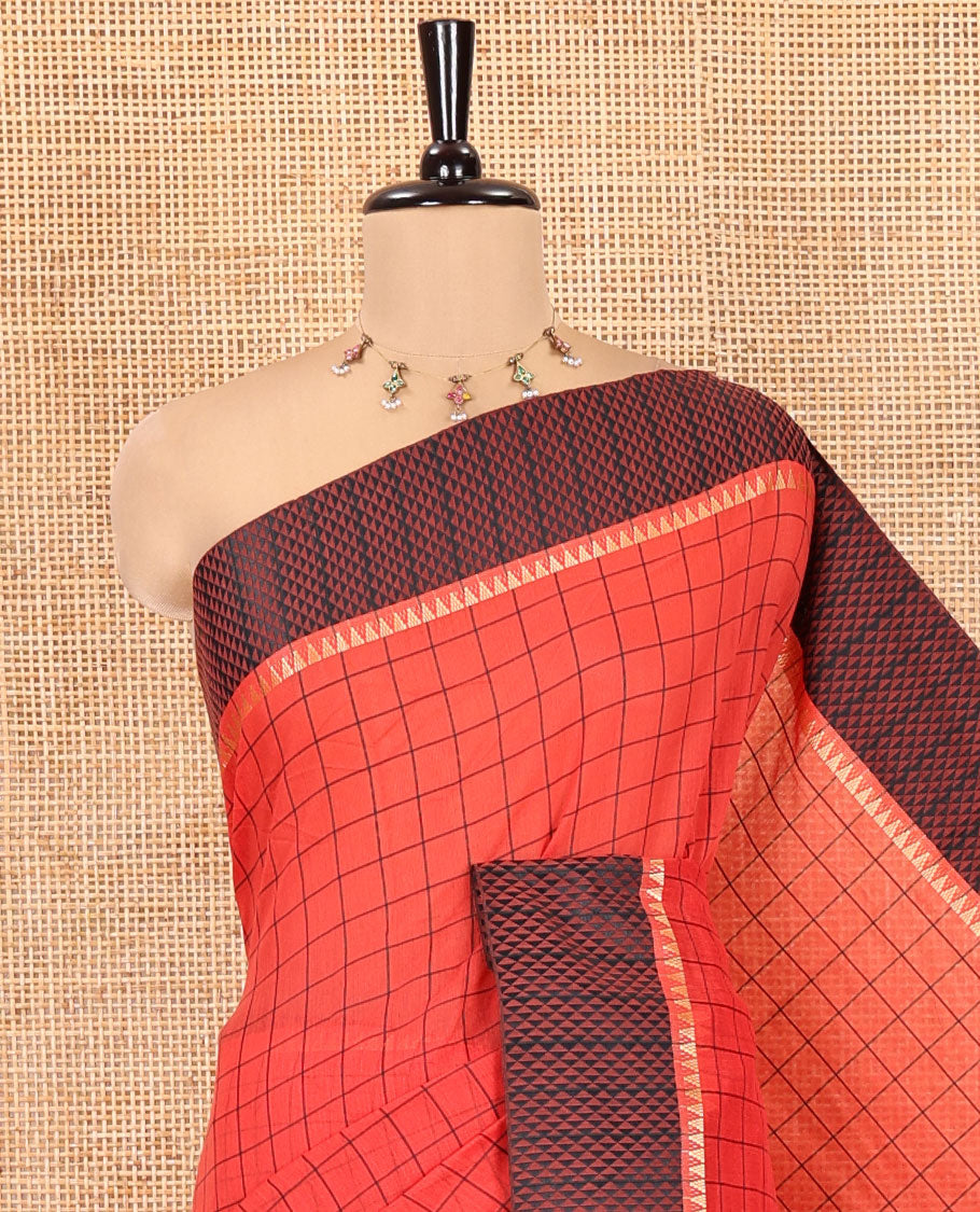 Red Checked Mercerised Cotton Saree, Contrast Temple Ara Maadam Border, Striped Pallu, and Matching Blouse