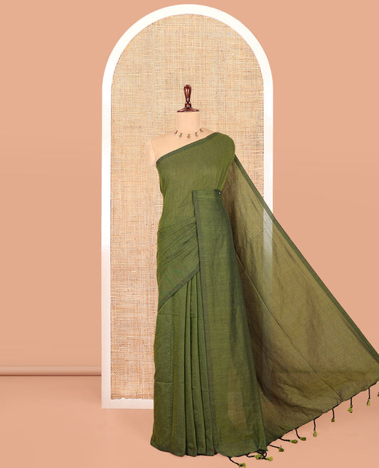 Borderless Olive Green Plain Khadi Cotton Saree, a Self-Pallu with Tassels, and a Matching Blouse