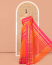 Orange Plain Khadi Mul Cotton Saree, Complemented by a Contrast Traditional Zari Design Border, a Self-Pallu, and a Matching Blouse
