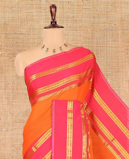 Orange Plain Khadi Mul Cotton Saree, Complemented by a Contrast Traditional Zari Design Border, a Self-Pallu, and a Matching Blouse