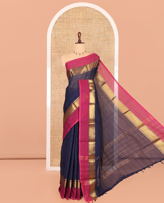Navy Blue Striped Chettinad Cotton Saree, Complemented by a Contrast Kal Eragina Traditional Border and a Matching Blouse
